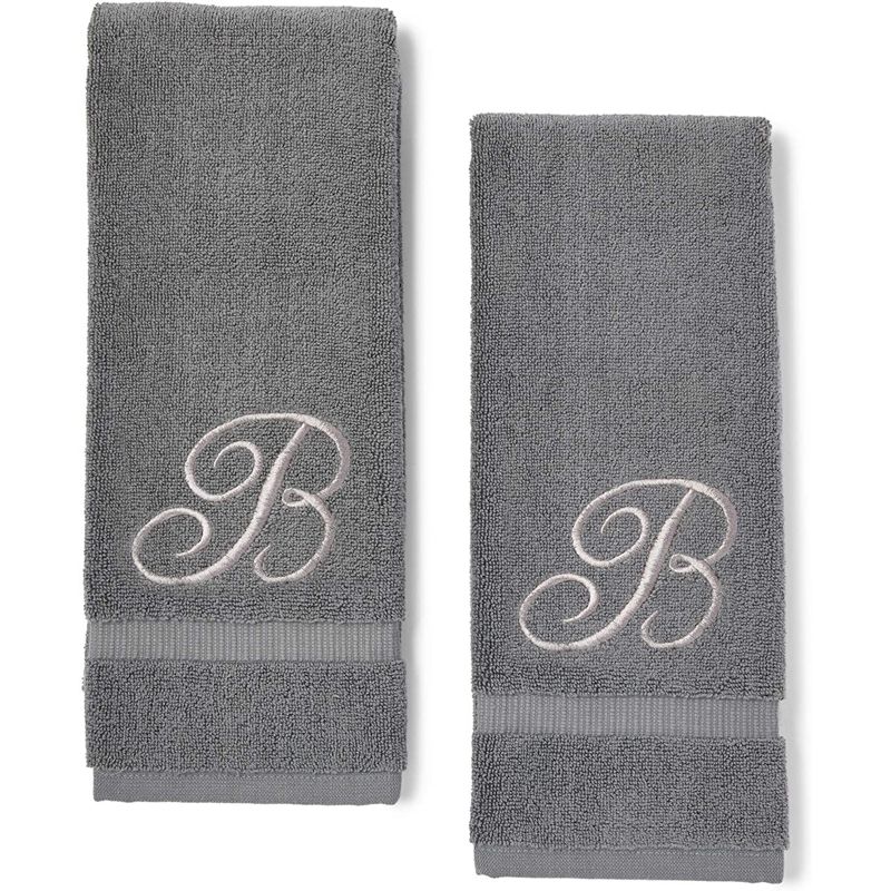 Juvale 2 Pack Letter B Monogrammed Hand Towels, Gray Cotton Hand Towels with Silver Embroidered Initial B for Wedding Gift, Baby Shower, 16 x 30 in, 1 of 5