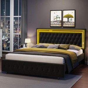 AMERLIFE Bed Frame with LED Headboard & Footboard, Velvet Upholstered, No Box Spring Needed - 1 of 4