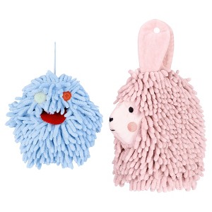 REGALWOVEN 2 Packs Cute Cartoon Alpaca Fuzzy Ball Hand Drying Hanging Ball Towels for Bathroom 7" x 7"/7" x 11" - 1 of 4