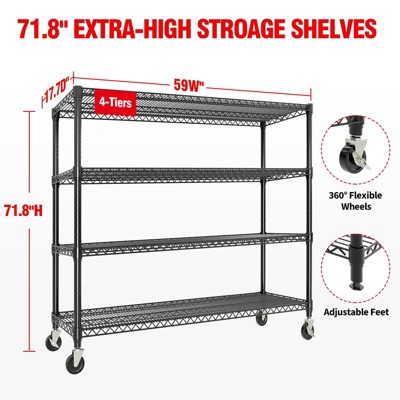 Wire Shelving Unit 2640LBS, 59"W 4-Tier Metal Storage Rack with Wheels, Adjustable Garage Shelves for Industrial Use