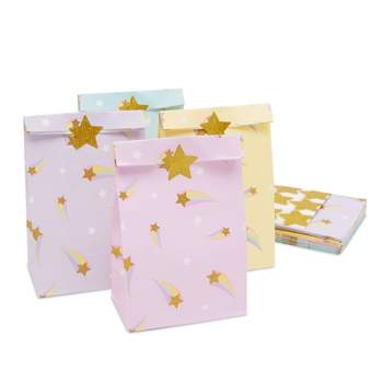 Blue Panda 24 Pack of Pastel Party Favor Bags with Gold Foil Star Stickers for Rainbow Birthday Party Supplies (4 Colors, 8.5 in)
