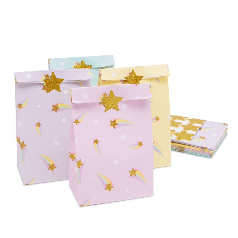 Blue Panda 24 Pack of Pastel Party Favor Bags with Gold Foil Star Stickers for Rainbow Birthday Party Supplies (4 Colors, 8.5 in), 1 of 9