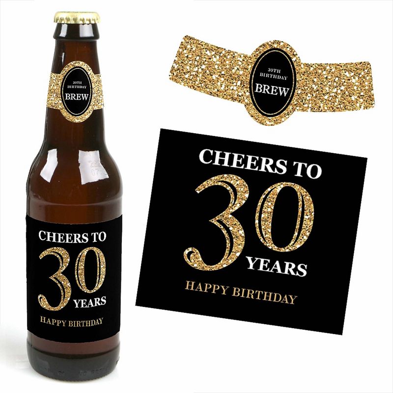 Big Dot of Happiness Adult 30th Birthday - Gold - Birthday Party Decorations for Women and Men - 6 Beer Bottle Label Stickers and 1 Carrier, 3 of 6
