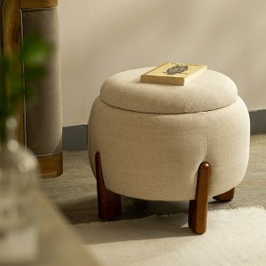 Kumasinova Handcrafted Ottoman with Mango Wood Base,Chic Round Upholstered Footrest Ottoman for Bedroom&Living Room,Accent Footstool,Easy Maintenance - 1 of 4