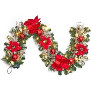 6 ft Pre-Lit Christmas Garland with Timer,  Red & Gold Ornaments, Velvet Bows, 20 Warm Lights, for Mantel, Fireplace, Stairs - 1 of 4