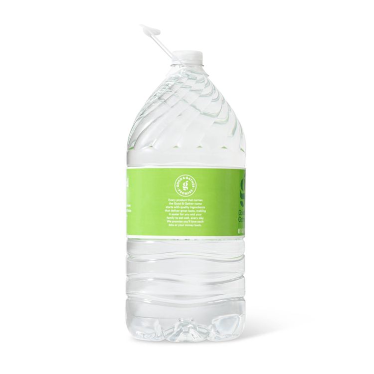Clear plastic bottle with a green label, filled with water and a white cap.