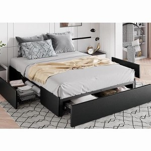 Queen Size Platform Bed Frame with 3 Storage Drawers, Faux Leather Upholstered, Wooden Slats Support, No Box Spring Needed, Easy Assembly - 1 of 1