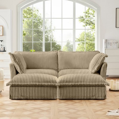 Slipcovered Sectional Sofa, 2 Seater Sofa with Removable Cover, Sofa with Convertible Ottoman, Corduroy Fabric Sectional Sofas-Cuddlewood