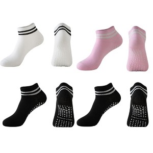 Anna-Kaci 4 Pairs Women's Ankle Grip Yoga Socks Soft Cotton Non-Slip Bottom Striped Cuff - 1 of 4