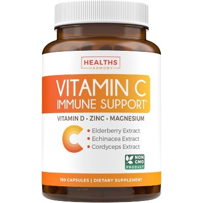 Vitamin C Immune Support Capsules, Immunity Supplement with Magnesium Zinc Vitamin C and D, Health's Harmony, 180ct