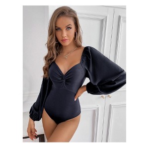 Long Sleeve Body Suits Womens V Neck Bodysuits Ruched Pleated Corset Bodysuit Leotard Trendy - 1 of 4