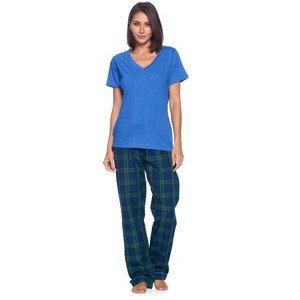 Ashford & Brooks Women's Woven Short Sleeve Jersey Top & Pajama Pants Set - 1 of 4