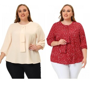 Women's Plus Size 2 Pieces 3/4 Sleeves Round Neck Ruffle Chiffon Work Blouse - Agnes Orinda - 1 of 4