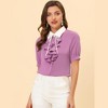 Allegra K Women's Contrast Collar Tie Ruffle Front Button Short Sleeve Work Shirt - 2 of 4