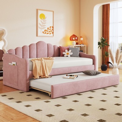 NicBex Twin Size Upholstered Daybed with Trundle,Velvet Sofabed with USB Charging Ports for Bedroom,Living Room,Apartment