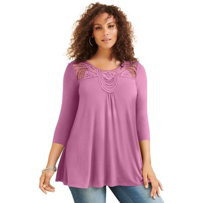 Roaman's Women's Plus Size Lace Embellished Swing Ultra Femme Top