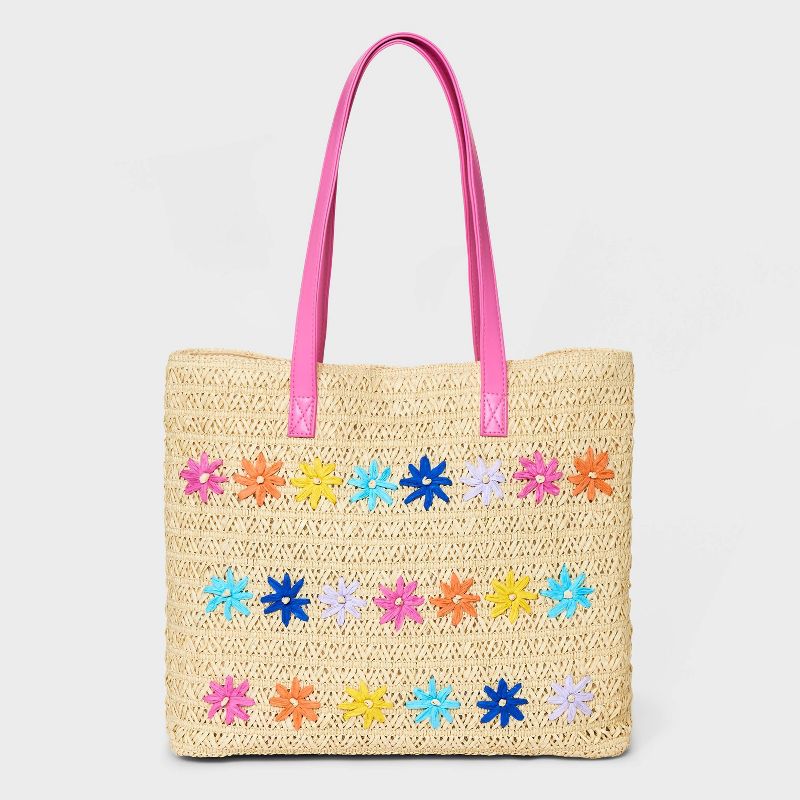 Girls&#39; Paper Straw Flower Embroidery Tote Bag - Cat &#38; Jack&#8482; Off-White, 1 of 7