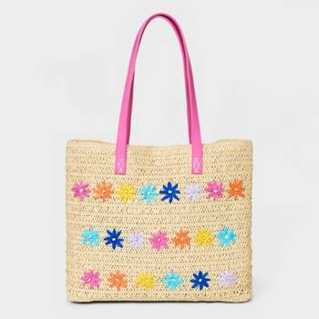 Girls' Paper Straw Flower Embroidery Tote Bag - Cat & Jack™ Off-White