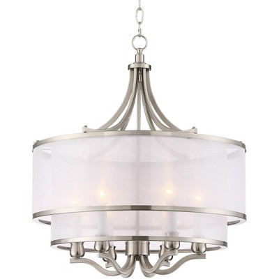 Possini Euro Design Brushed Nickel Pendant Chandelier 23" Wide Modern Double White Organza 6-Light Fixture for Dining Room House