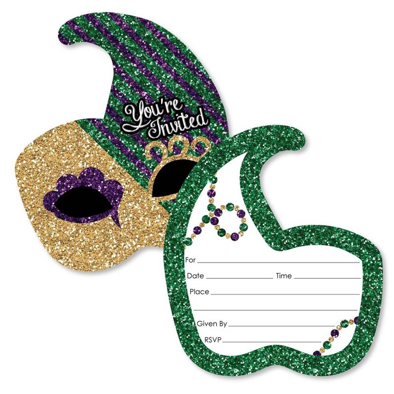 Big Dot of Happiness Mardi Gras - Shaped Fill-in Invitations - Masquerade Party Invitation Cards with Envelopes - Set of 12, 1 of 7