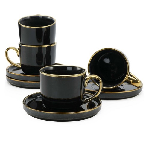 American Atelier Gold Rimmed Teacup and Saucer, Set of 4, 7.6 Oz Ceramic  Espresso Latte Macchiato Cappuccino Coffee Cups with Reactive Glaze, Black