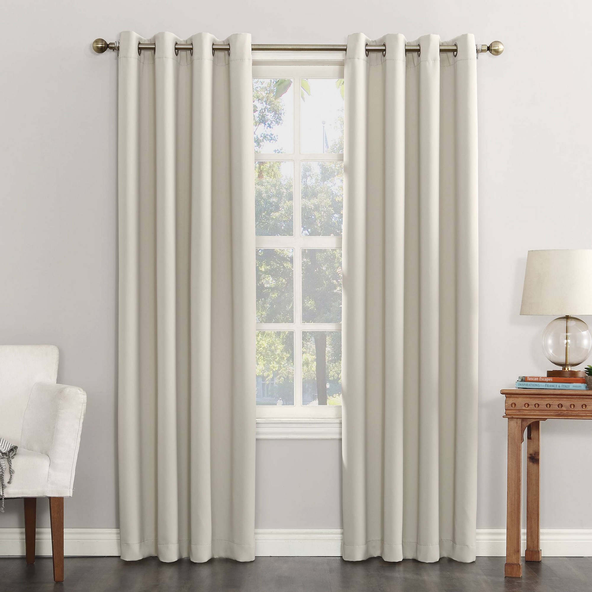 54"x120" Sun Zero Blackout Kenneth Energy Saving Grommet Curtain Panel Light Beige: Modern Off-White Curtain Panels