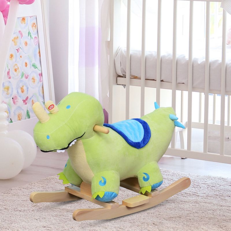 Qaba Kids Plush Ride-On Rocking Horse Toy Dinosaur Ride on Rocker Green with Realistic Sounds, 2 of 8