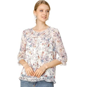 INSPIRE CHIC Women's Round Neck Ruffle 3/4 Sleeve Floral Print Chiffon Blouse - 1 of 4