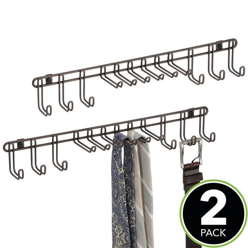 mDesign Metal Wall Mount Storage Rack for Ties, Belts, 12 Hooks, 2 Pack, 2 of 9