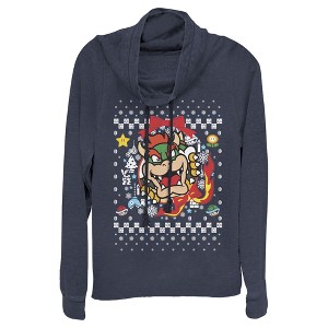 Juniors Womens Nintendo Christmas Bowser Wreath Cowl Neck Sweatshirt - 1 of 3