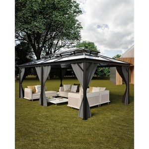 12x20 FT Hardtop Gazebo with Double Polycarbonate Roof, Aluminum Frame with Privacy Screens, All Weather Shelter for Patio Deck and Lawn, Slate Gray - 1 of 4