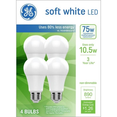 GE 4pk 75W Soft White A19 LED Light Bulbs: 890 Lumens, 2700K, E26 Base, 10.5W, Damp Location Suitable, 3-Year Life