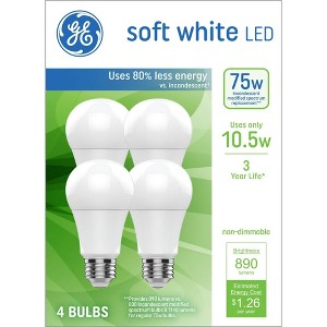 GE 4pk 75W Soft White A19 LED Light Bulbs: 890 Lumens, 2700K, E26 Base, 10.5W, Damp Location Suitable, 3-Year Life - 1 of 3