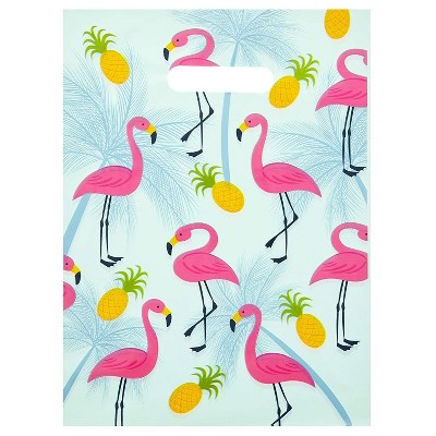 Okuna Outpost 100-Pack Flamingo Party Favors Goodie Gift Bags, Plastic Merchandise Bags with Handles, 9" x 12"