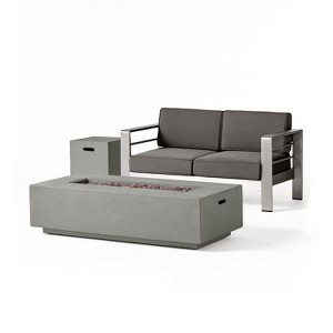 GDFStudio Crested Bay Outdoor Aluminum Loveseat and Fire Pit Set - 1 of 4