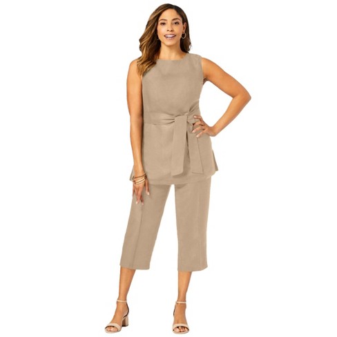 Jessica London Women's Plus Size Two Piece Sleeveless Tunic Top Capri Pants  Linen Blend Set - 14, New Khaki Beige : Target