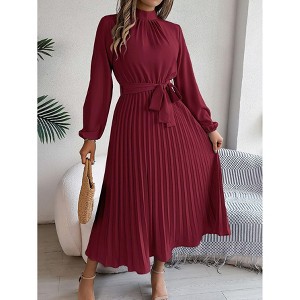 Women's Mock Neck Belted Pleated Midi Dress - Long Sleeve Flowy Swing Dress for Formal & Casual - 1 of 4