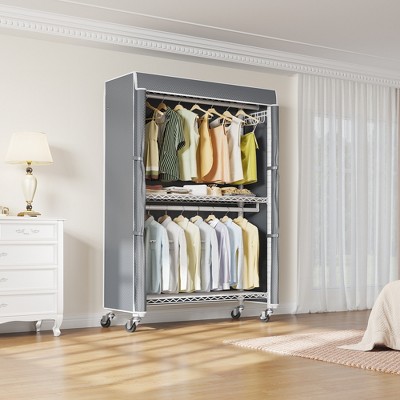 Heavy Duty White Rolling Garment Rack with Grey Cover