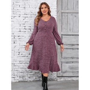Women's Plus Size Sweater Dress V-Neck Long Sleeve Fall Winter Dressed with Pockets - 1 of 4