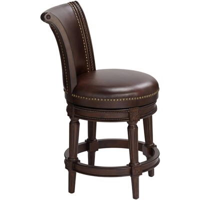 Espresso Leather & Walnut Swivel Bar Stool with Brass Accents