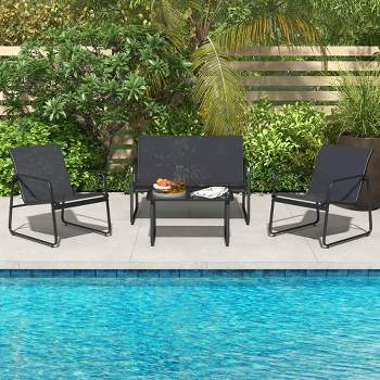 Costway 4 Pieces Patio Furniture Set Outdoor Tempered Glass Coffee Table Chair Loveseat