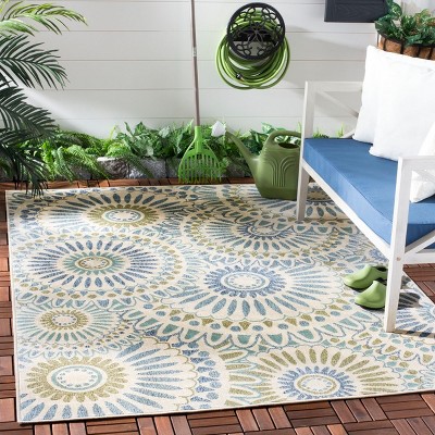 Cream and Green Floral Synthetic Indoor/Outdoor Rug