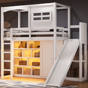 Twin Size Wood Loft Bed with Wardrobe, Storage Shelves, Slide & 7-Color LED Lights, Sturdy Pine/MDF Frame, White - ModernLuxe - 1 of 4