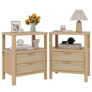 Rattan Nightstand Set of 2, Modern Bedside Table with 2 Drawers & Open Shelf, Wooden Sofa Side Table for Living Room Bedroom Office - 1 of 4
