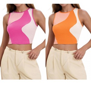 INSPIRE CHIC Women's Color Block Summer Crew Neck Ribbed Sleeveless Crop Going Out Tank Tops 2 Packs - 1 of 4