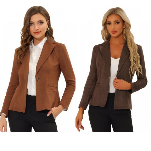 INSPIRE CHIC Women's Lapel Collar Long Sleeve Faux Suede Work Office Blazer 2 Packs Caramel/Coffee Large