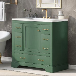 FAMYYT 36 in. Single Sink Freestanding Green Bath Vanity with White Ceramic Top, Adjustable Shelves and 6 Drawer - 1 of 4