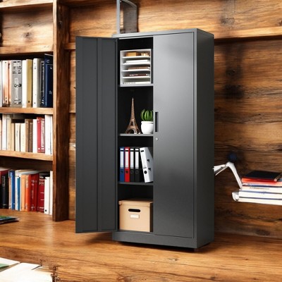 Alilang 31.50 Inch Tall Black Metal Storage Cabinet with Adjustable Shelves and Locking Doors - Black