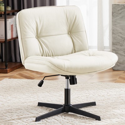 FURNIinspire Task And Office Chairs Cross Legged Chair, Swivel Armless Office Chair No Wheels, Adjustable Height, Beige, 26.8"*26.4"*36.8"