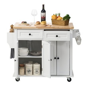 Okak Kitchen Island With Storage and Solid Wood Top, Kitchen Cart with Spice Rack and Towel Rack, Kitchen Island On Wheels for Dining Room, White - 1 of 4